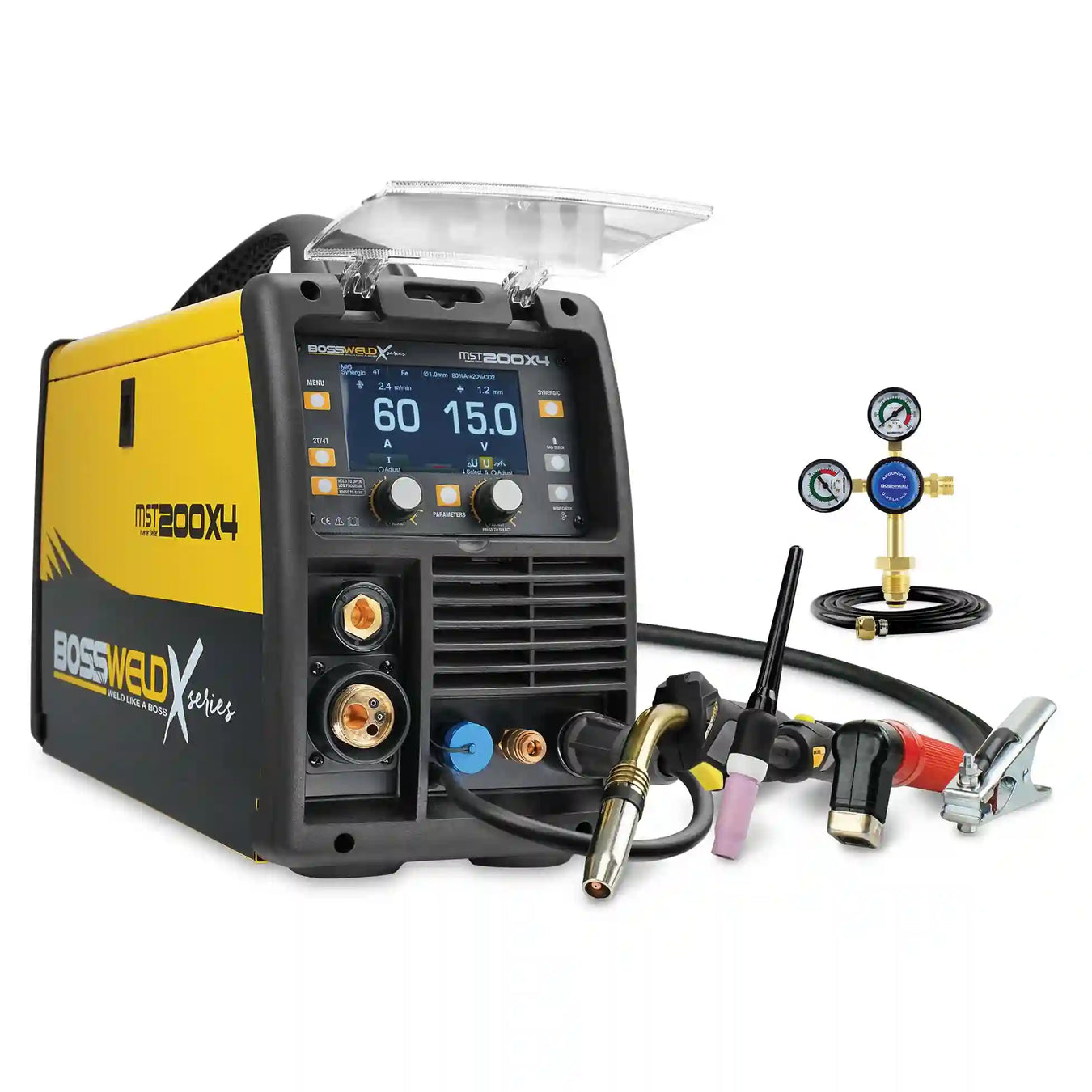 Bossweld MST 200X4 multiprocess welder with included accessories, featuring a MIG torch, TIG torch, electrode holder, earth clamp, and argon regulator.